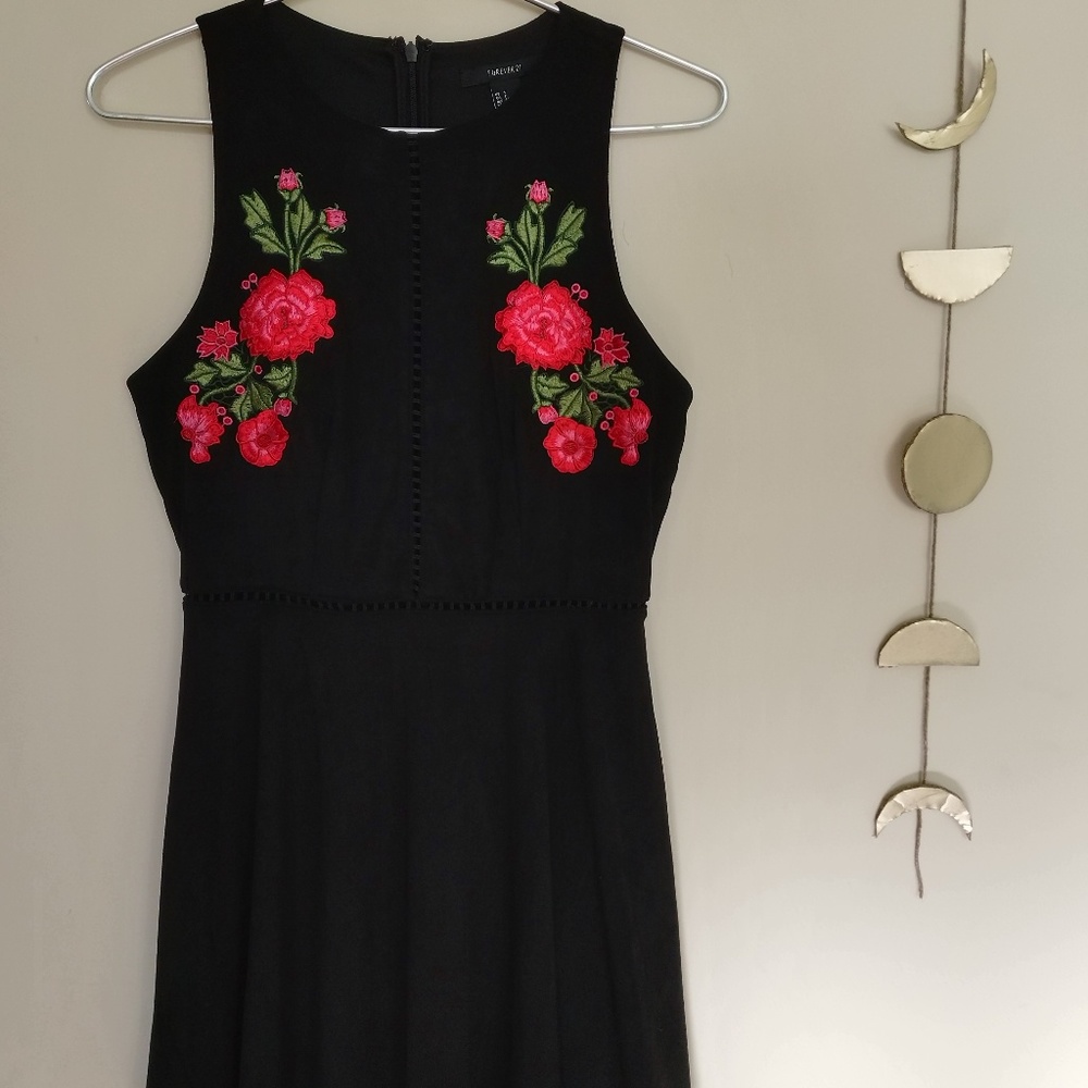 Rose Embroidered Black Skater Dress